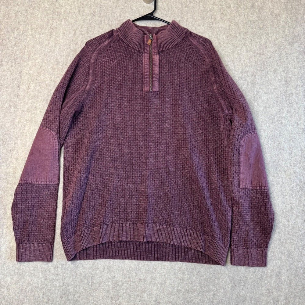 Tommy Bahama Half Zip Sweater Mens Large Purple Cotton Waffle Knit Elbow Patch